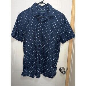 Perry Ellis Large Slim Fit Blue Short Sleeve Button Front Shirt 98% Cotton
